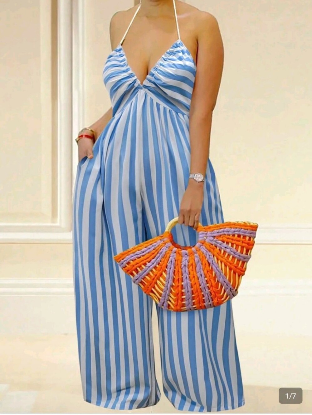 Shein Light Blue & White Striped Halter Jumpsuit